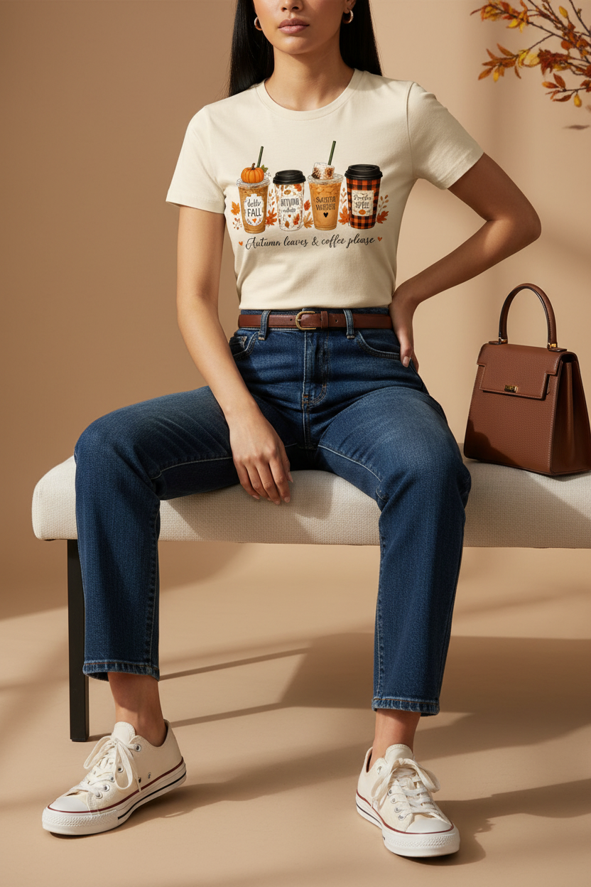 Mockup editorial elegante con camiseta crema y diseño otoñal